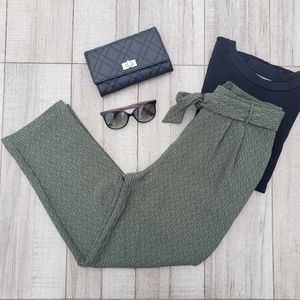 Green Textured Patterned Paperbag Pant Small Lush Nordstrom Waist Tie Belt